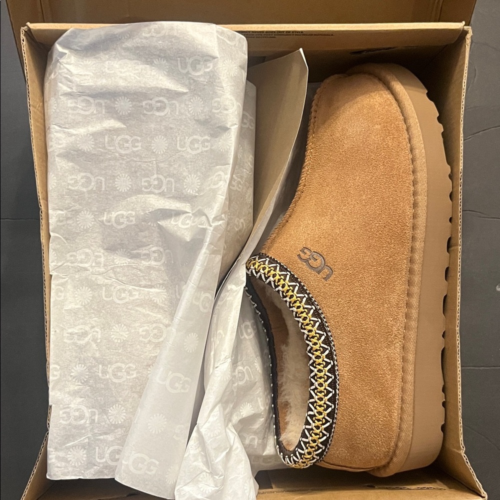 UGG Chestnut Suede Slip-On with Patterned Trim